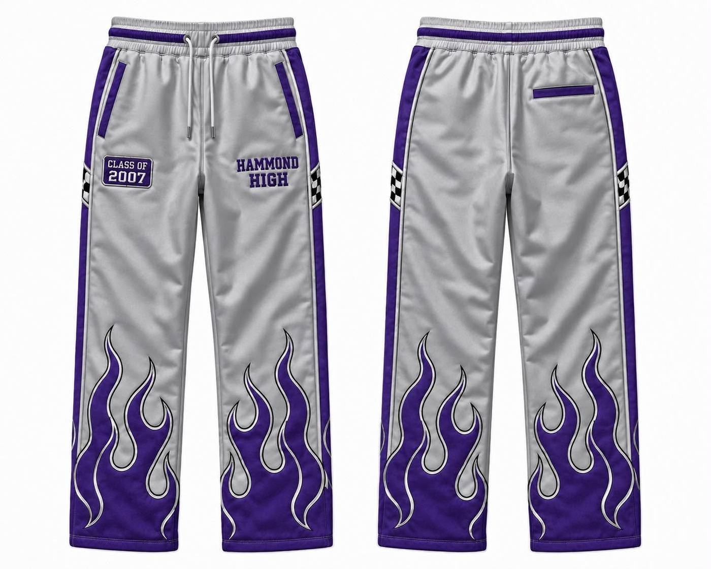 Flame-Up racing trackpants, gray with purple flame graphics
